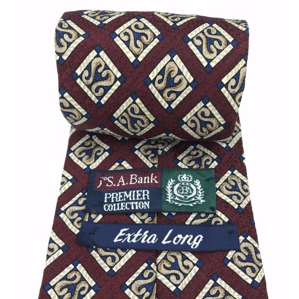 Jos. A. Bank Premier Collection Tie 100% Silk Maroon Red Blue Beige Necktie 63"